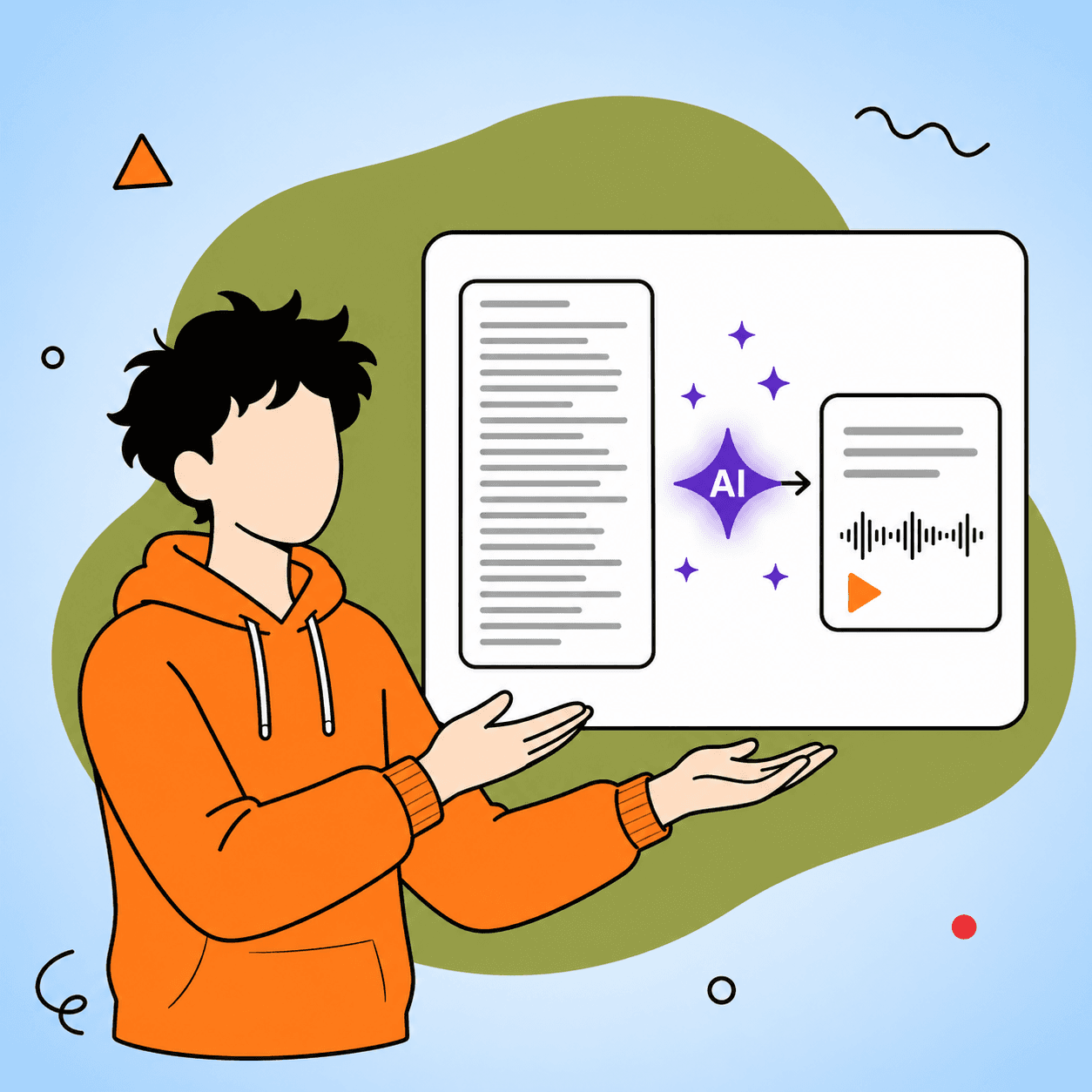 AI turning a long PDF document into a short summary audiobook with a play button