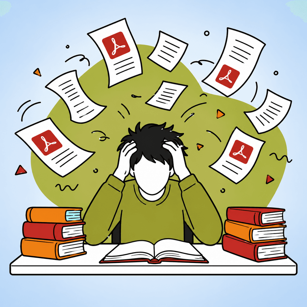 A stressed person overwhelmed by long PDF documents flying around