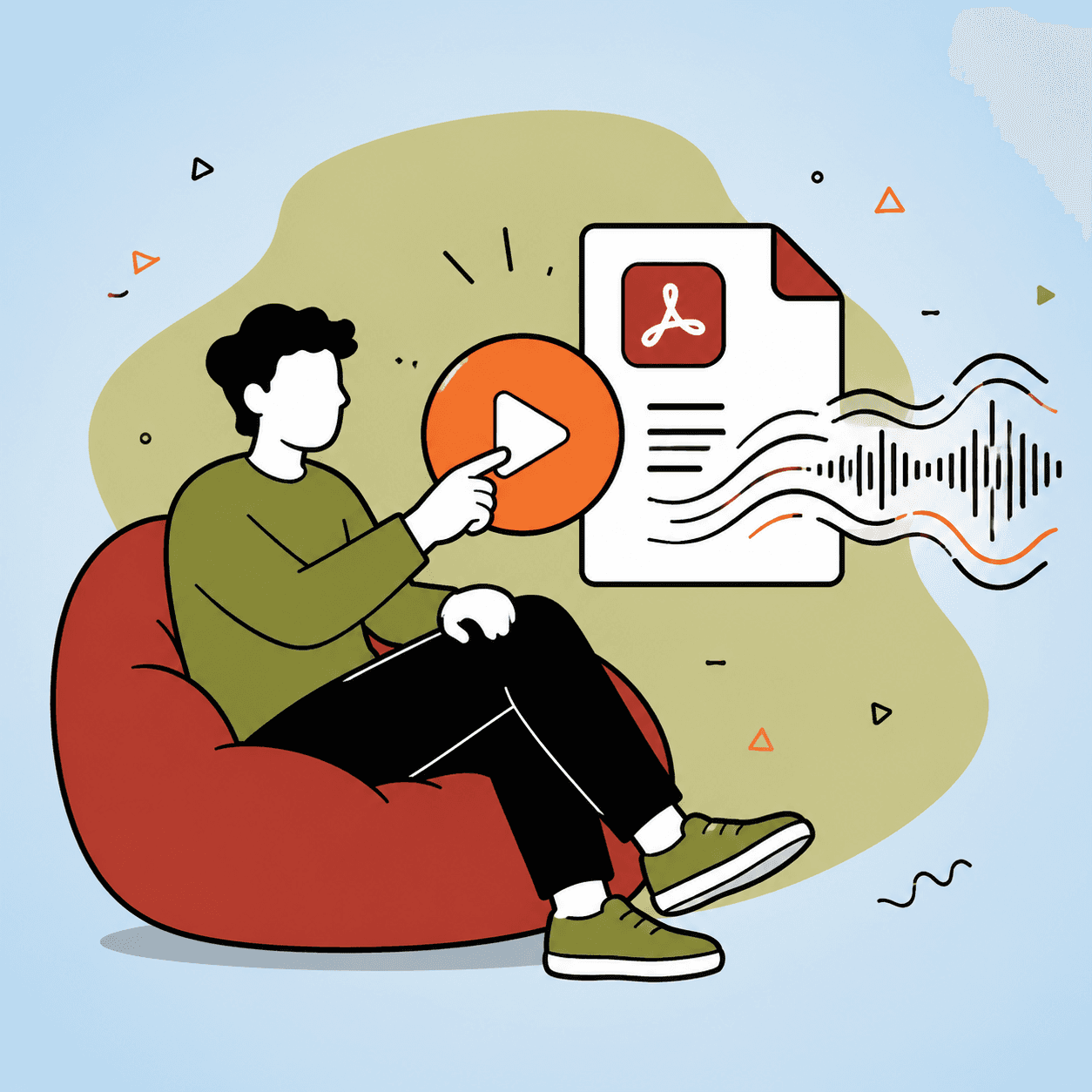 Relaxed person pressing play to listen to a PDF as an audiobook